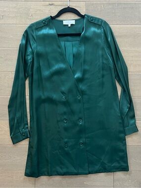 L’Academie Satin Double-Breasted Shacket Dress in Emerald Green